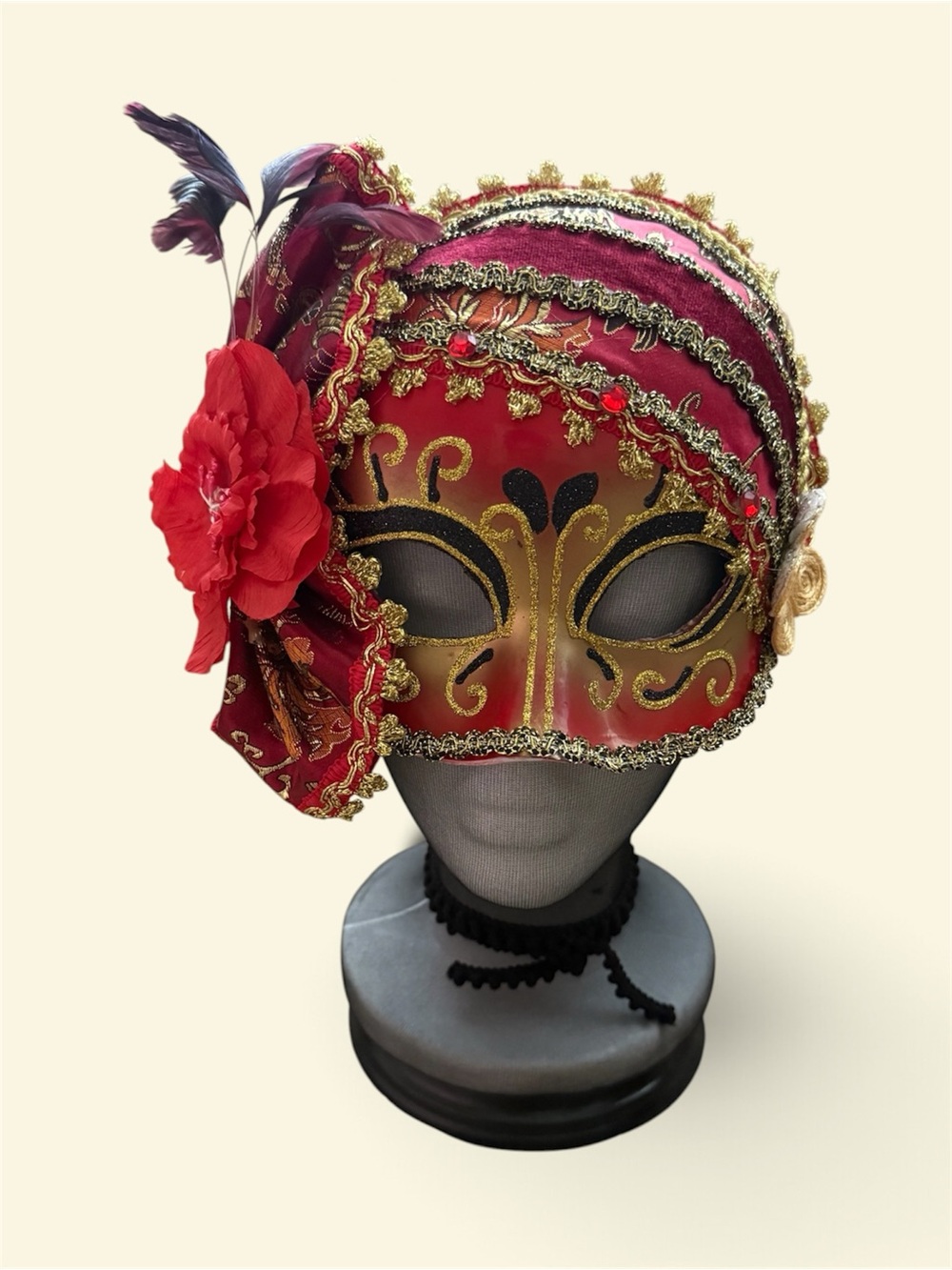 Red Venetian Style Masquerade Half Face Mask with Floral Accent